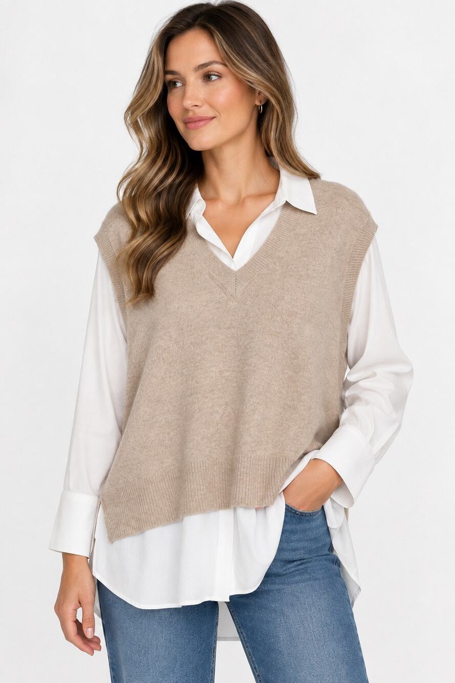 Skies Are Blue Women’s V-neck Sweater Vest Shirt Beige White Plus Size 1X